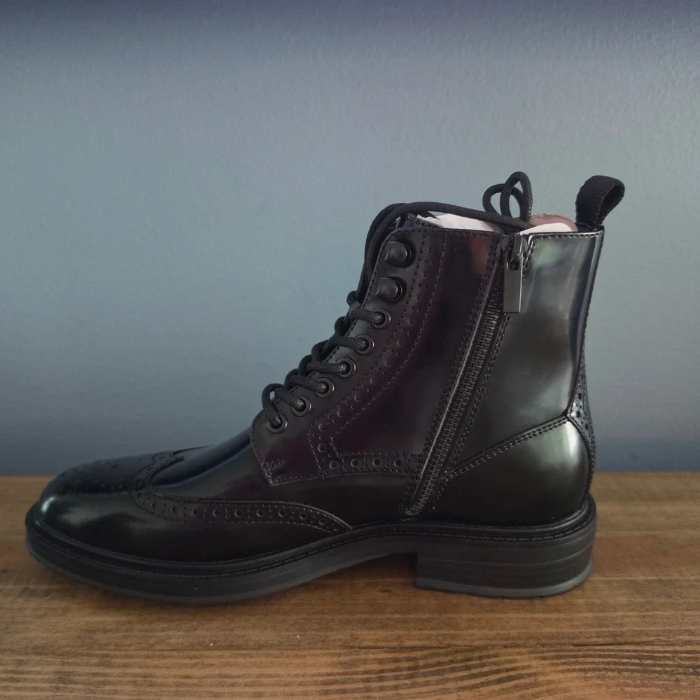 Vince Camuto Mens Jaycob Wingtip Boots Black Leather Lace Up Side Zip 8M
